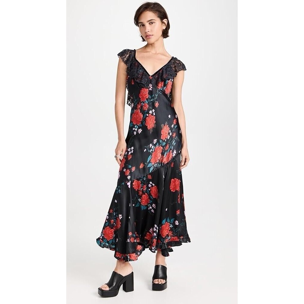 Free People Rose Velvet Ruffle Sleeve Tie Back Asymmetrical Dress Whimsigoth Xs